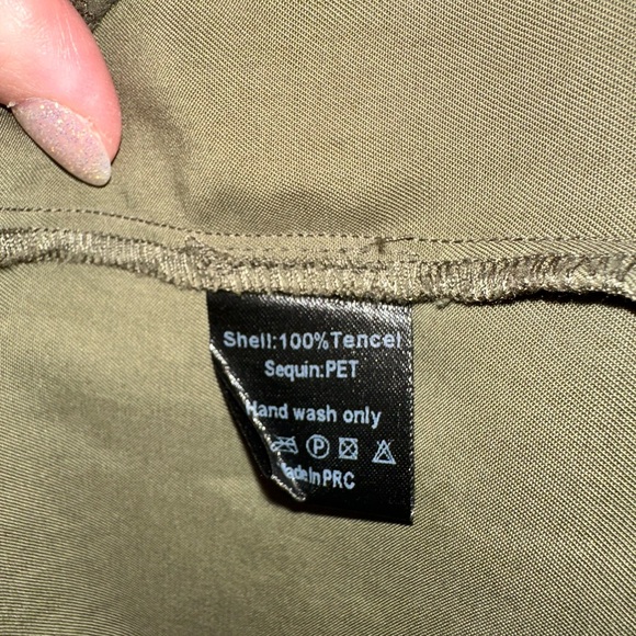 Anthropologie Olive Green Sequin Patch Army Button Down Shirt - Picture 9 of 10